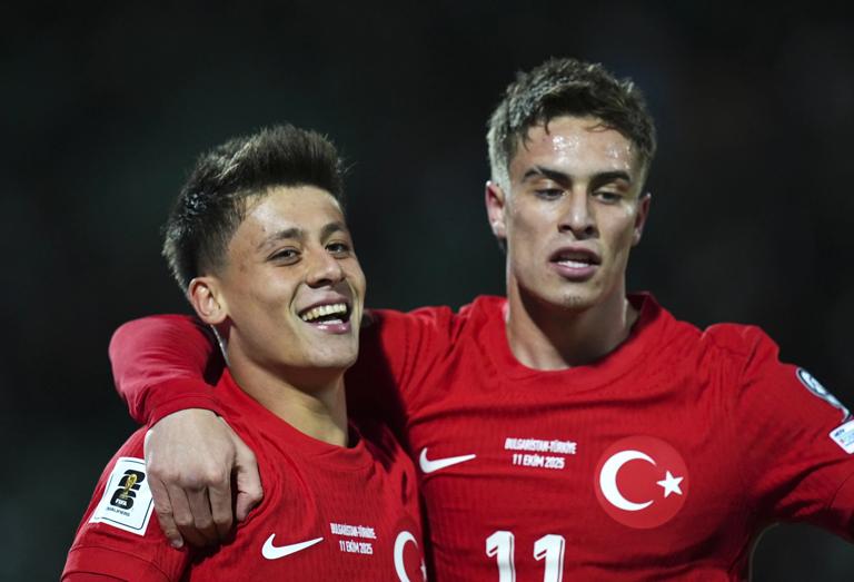 SOFIA, BULGARIA - OCTOBER 11: Arda Guler of Turkiye celebrates with his teammate Kenan Yildiz (R) after scoring a goal during the 2026 FIFA World Cup European Qualifier Group E match between Bulgaria and Turkiye at Vasil Levski National Stadium in Sofia, Bulgaria on October 11, 2025. (Photo by Mehmet Emin Menguarslan/Anadolu via Getty Images)
